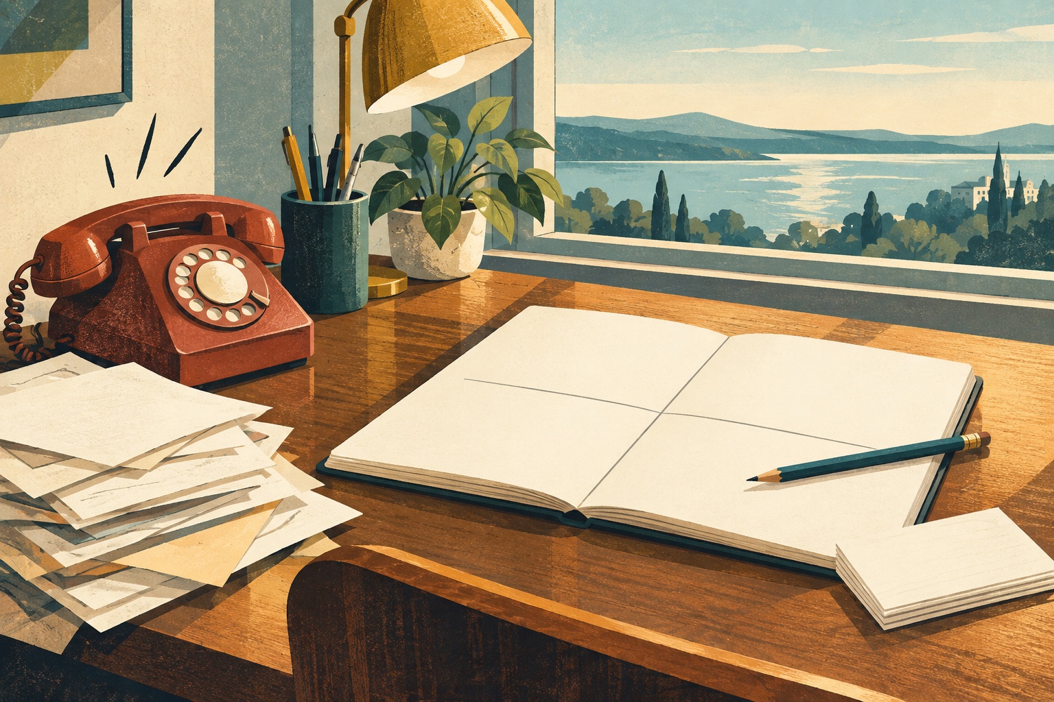 An illustrated desk with a ringing telephone beside an open planning notebook and a view toward the horizon.