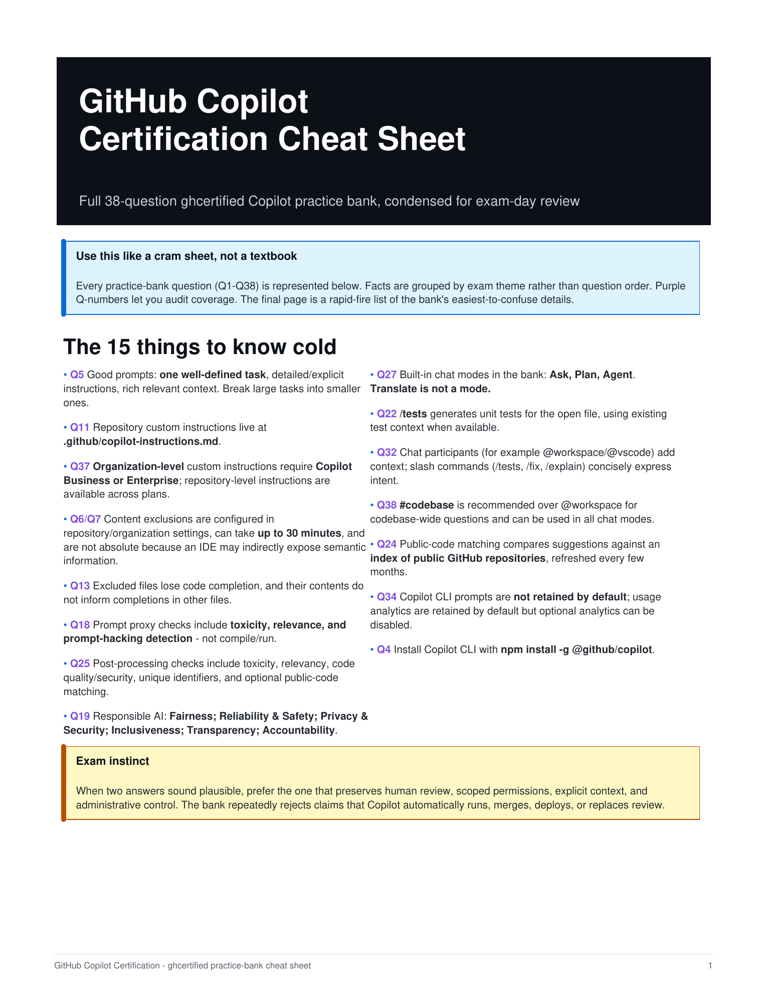 First page of a GitHub Copilot certification cram sheet