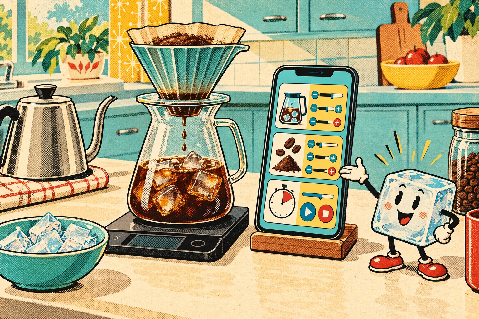 A 1950s-style illustration of an iced coffee setup, a calculator on a phone, and an ice cube mascot