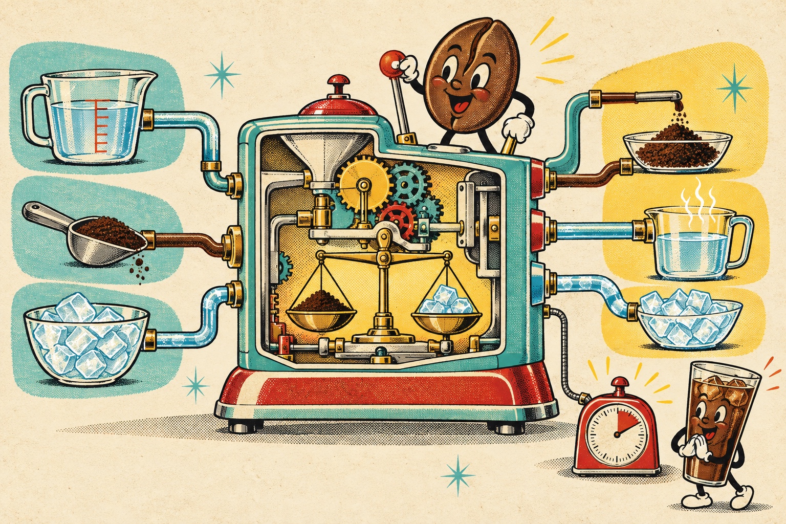 A 1950s-style ratio machine turning water, coffee, and ice into measured outputs and a timed recipe