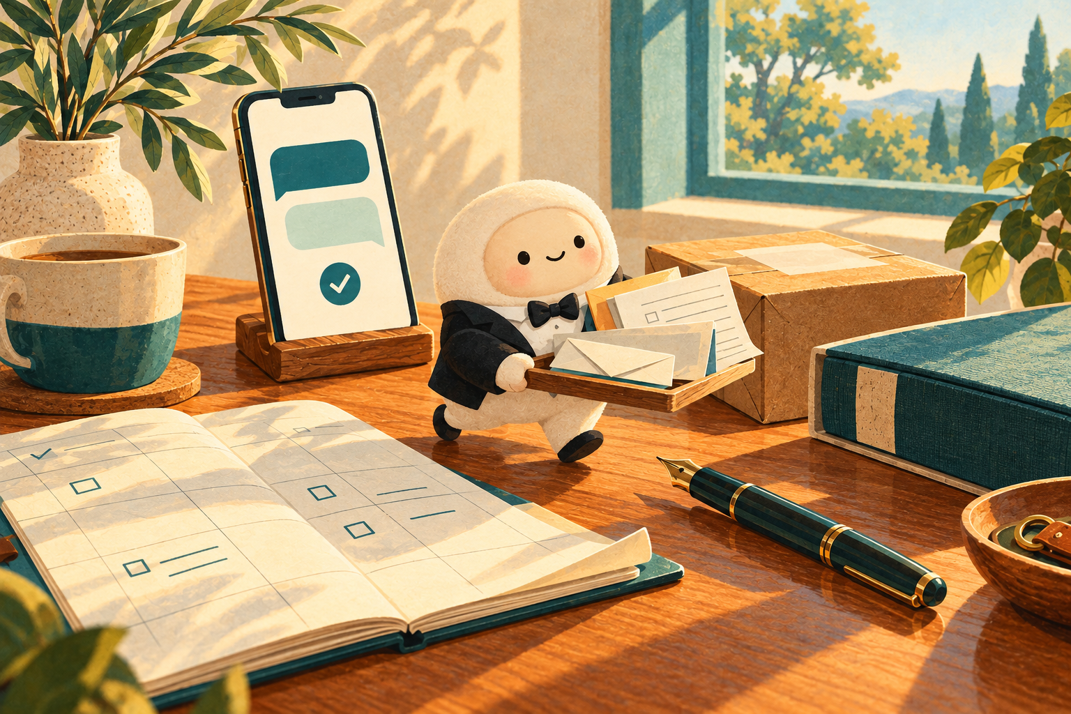 A little smiling Muse mascot in a tuxedo carries a tray of paperwork past a checked calendar, phone, book, and parcel on a sunlit tabletop.