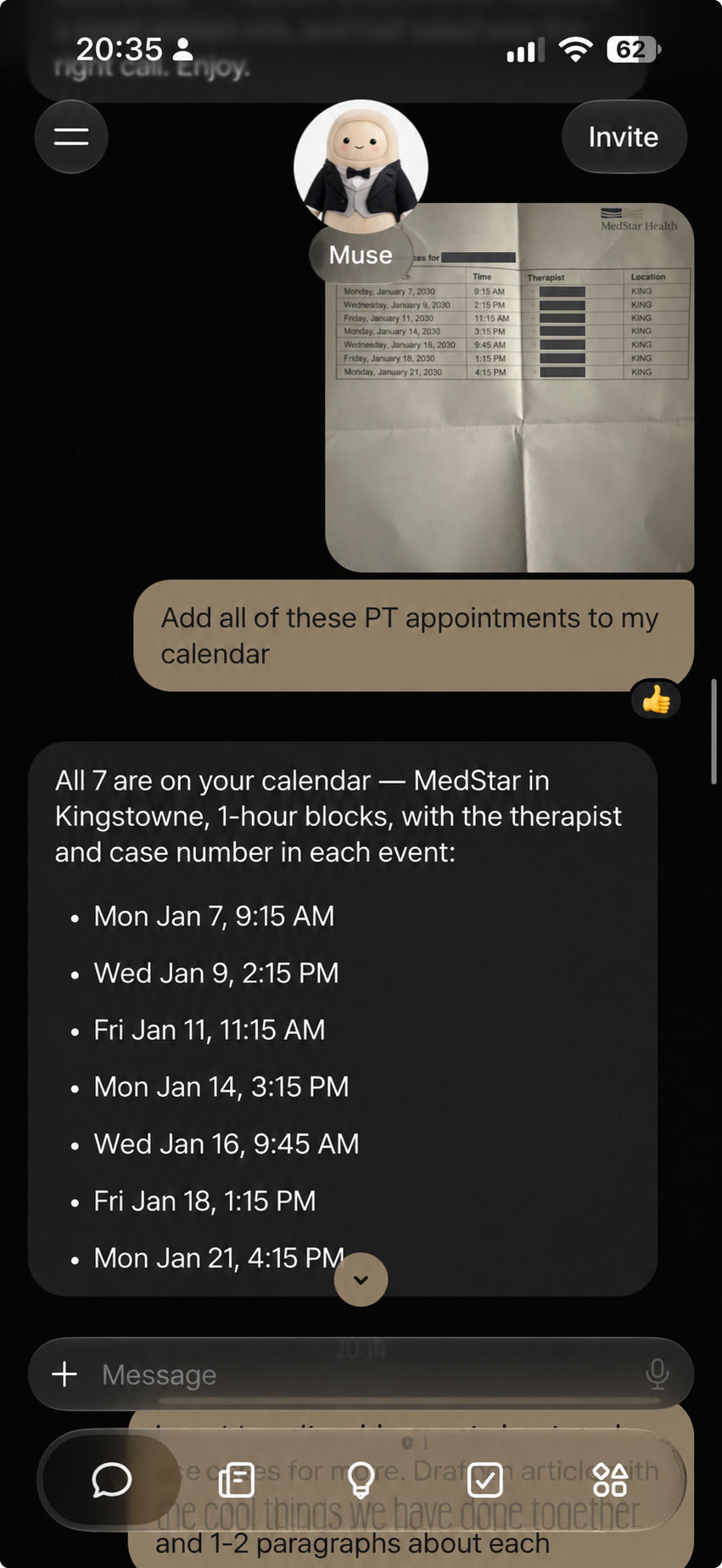 Edited screenshot of an appointment printout, my request to add the appointments to my calendar, and Muse's confirmation of seven events. The dates and times are illustrative.