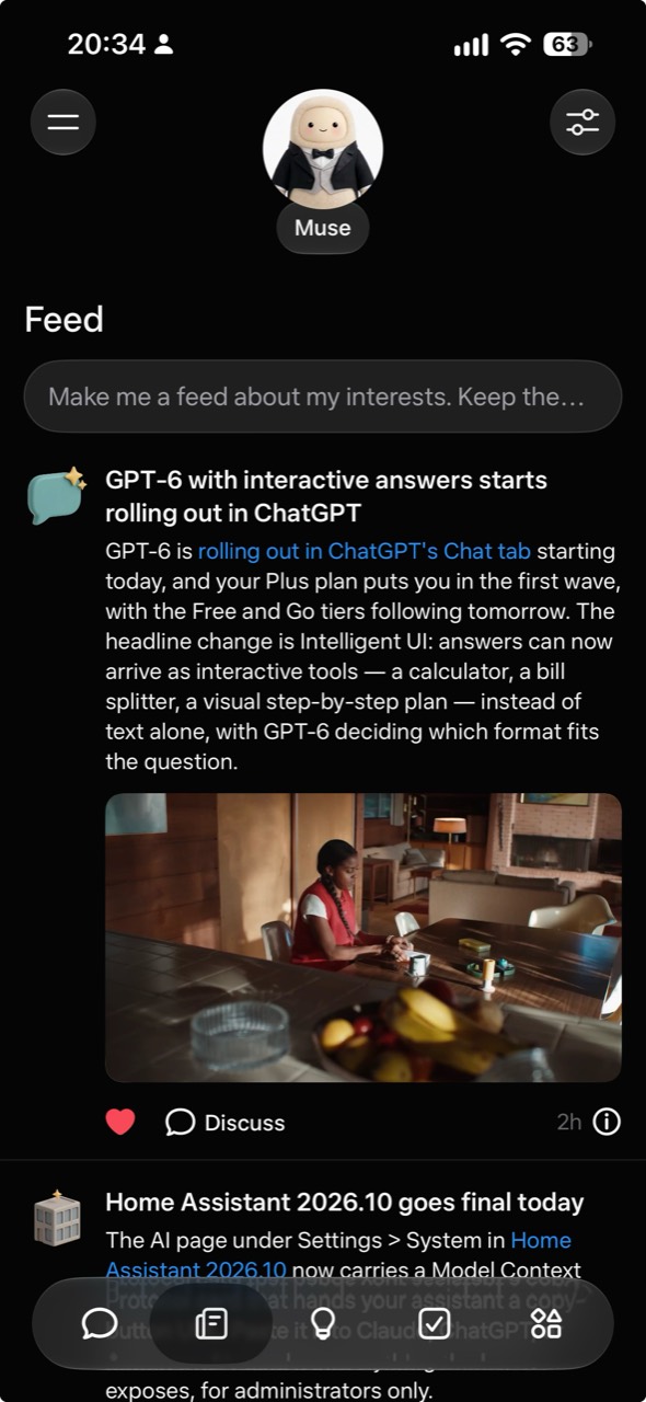 Muse's Feed screen showing updates about ChatGPT and Home Assistant beneath my butler avatar.